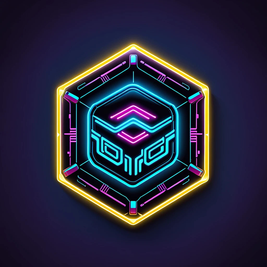 a hexagonal badge of cyberpunk, neon lights, retro,  vector,  <lora:badgemkrsdxl:0.9>, best quality, tech