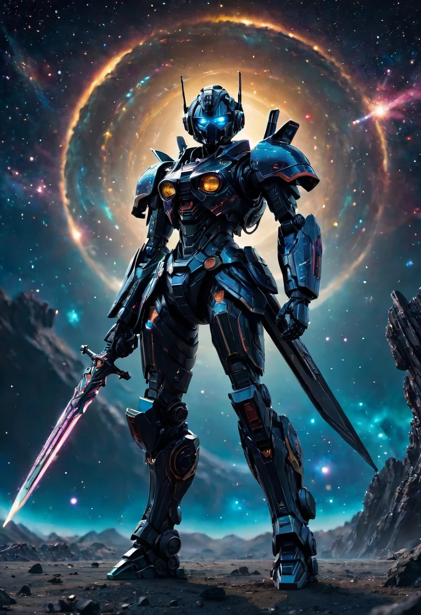 , Ultra detailed microscopic level image of a black colourful cosmic structure , intricate, entropy, gravitational pull, space dust, (( dist)), visually delightful, ((deep bokeh)), dreamy, cosmic abstract background,weapon, solo, sword, mecha, robot, no humans, holding, 1girl, holding weapon, standing, blue eyes, holding sword, armor, science fiction<lora:Optimus Prime_SDXL-000008:0.3>