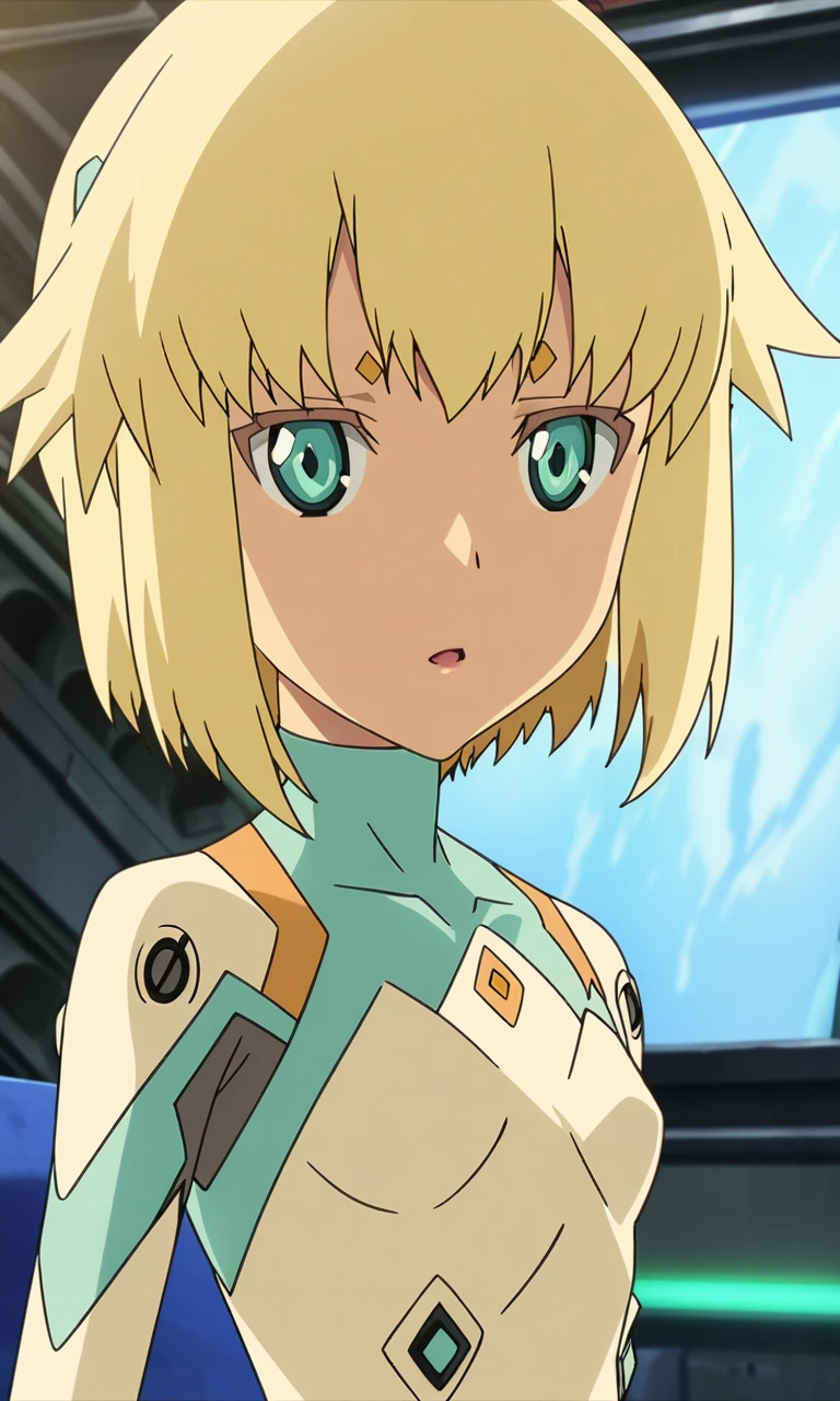 anime artwork juno, 1girl, solo,short hair, blonde hair, lips, green eyes, petite, flat chested,plugsuit,masterpiece,best quality,8k highres,detailed . anime style, key visual, vibrant, studio anime, highly detailed