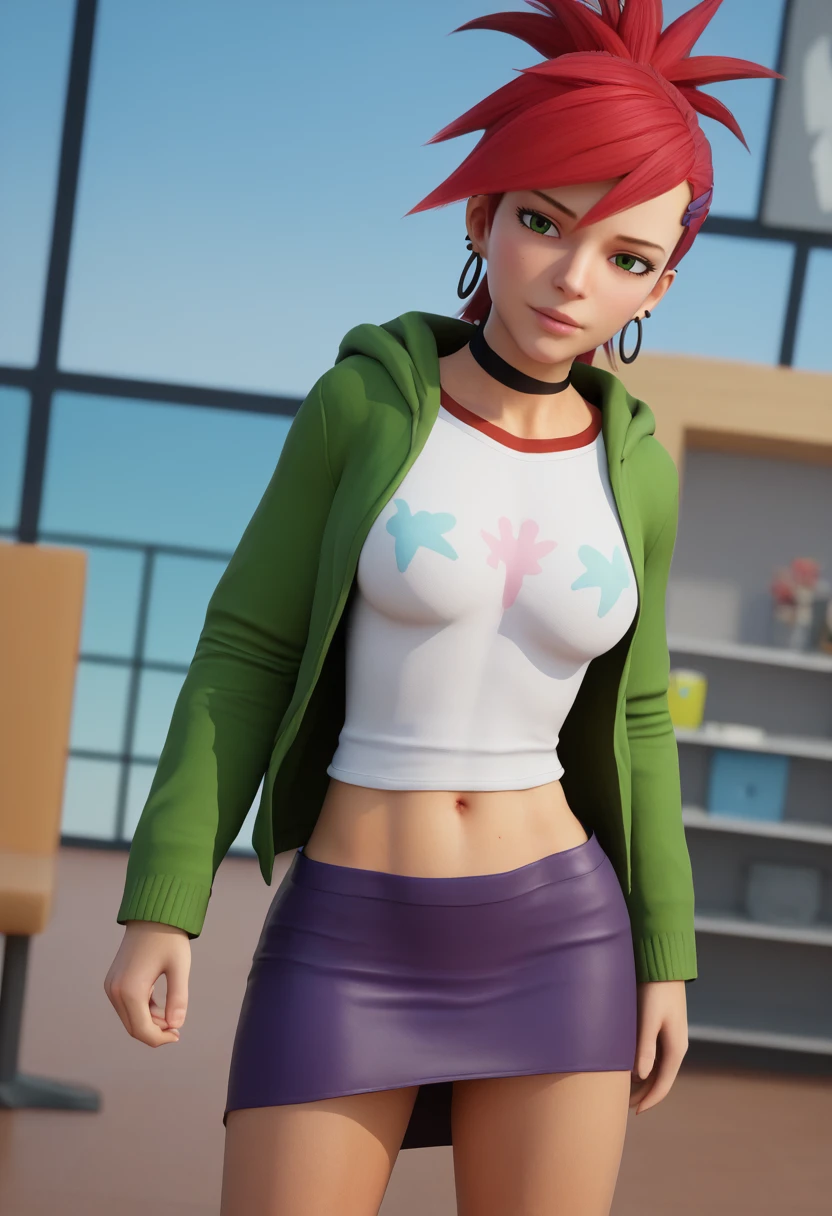 score_9, score_8_up, source_3d, BREAK  <lora:milfycity-guy-PONYv1:1>, 1girl, solo,  <lora:frankiefoster-guy-PONYv1:0.92> frankiefoster, ponytail, hair ornament, earrings, black choker, shirt, green jacket, midriff, purple skirt