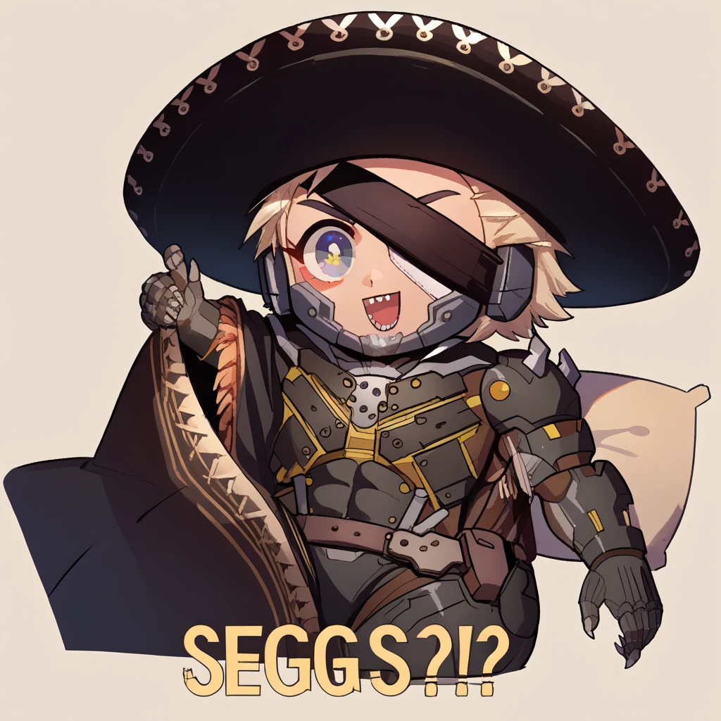 score_9, score_8_up, score_7_up, source_anime, Seggs, chibi, open mouth, smile, english text, <lora:Seggs_XLPD:1.1>, <lora:RaidenMGR_XLPD:1>, RaidenMGRSombrero, hat, cyborg, bodysuit, eyepatch