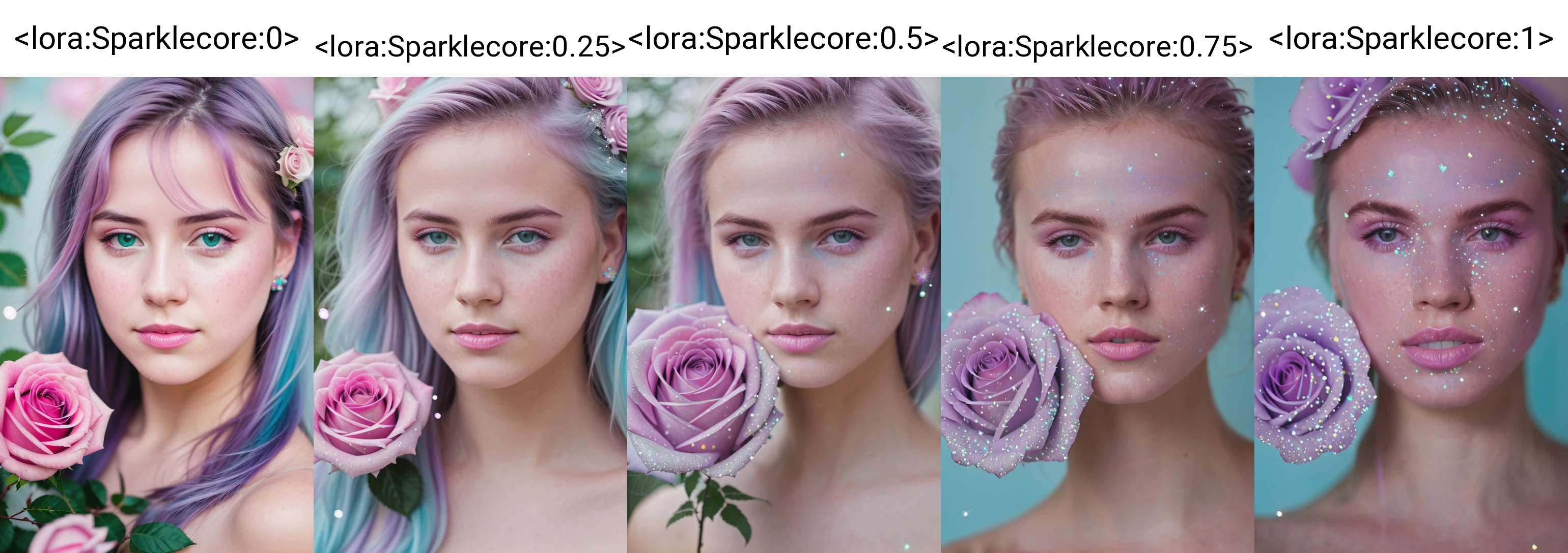 limited palette, pastel colors, purple, aqua, light turquise, light violet, RAW photo, subject, 8k uhd, dslr, portrait, high quality, film grain, Fujifilm XT3, professional photo, (detailed skin:1.3), high quality, <lora:Sparklecore:0> , sparklecore, sparkle, depth of field, holding rose, sparklecore eyes,