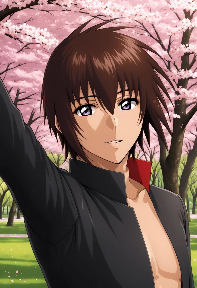 ASCIIkira_yamato, hair parting left, black jacket with red lining, 1man, mature adult male focus, solo, slim, thin waist, warm beige skin, brown hair, open mouth,
detailed symmetric glossy eyes, expressive eyes, large purple eyes, looking at the viewer,
in a park with Sakura trees, Sakura petals flying in the air, arm up,
masterpiece, best quality, ultra high res, intricate detail, clamshell warm lighting