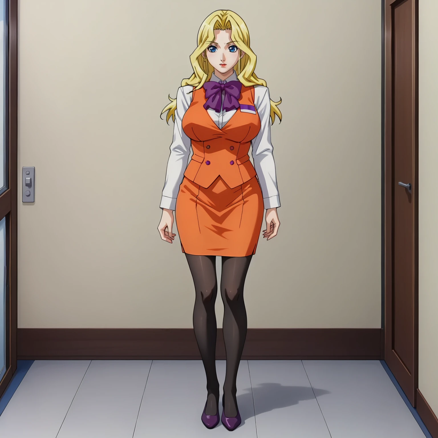 <lora:AliceNonoyamaXLpony001>,
solo,
AliceNonoyama,1girl,blonde hair,long hair,blue eyes,large breasts,
white shirt,long_sleeves,purple bowtie,orange vest,
orange pencil_skirt,
black pantyhose,
full body,standing,