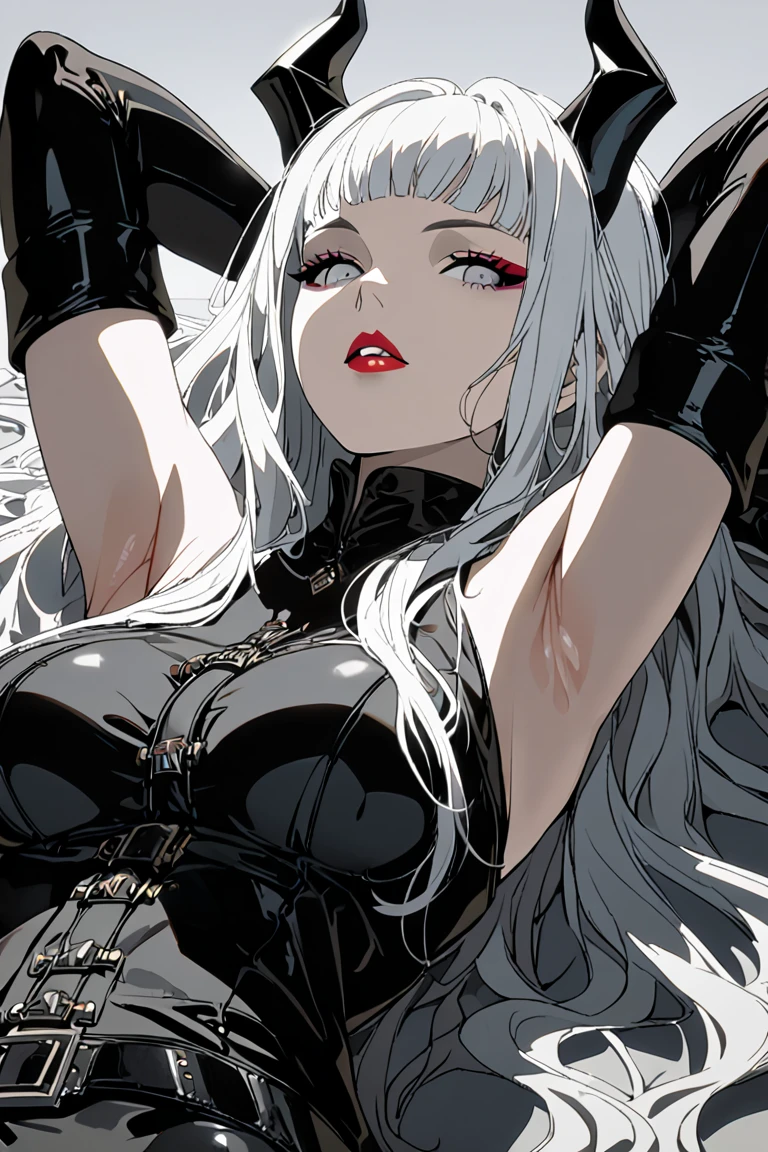 1girl, solo, elbow gloves, gloves, long hair, lying, breasts, pantyhose, on back, looking at viewer, black gloves, horns, bangs, white hair, armpits, grey eyes, parted lips, makeup, arms up, belt