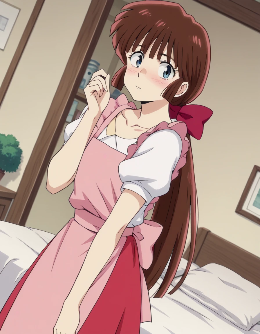score_9, score_8_up, score_7_up, source_anime,
uruseinagisa, <lora:urusei-nagisa-s2-ponyxl-lora-nochekaiser:1>,
nagisa, long hair, bangs, brown hair, bow, ponytail, hair bow, blue eyes, otoko no ko,
short sleeves, apron, puffy sleeves, skirt, red skirt, shirt, white shirt, collarbone,
indoors, bed, bed room, on side, blush, drunk,
looking at viewer, solo, cowboy shot, dutch angle,