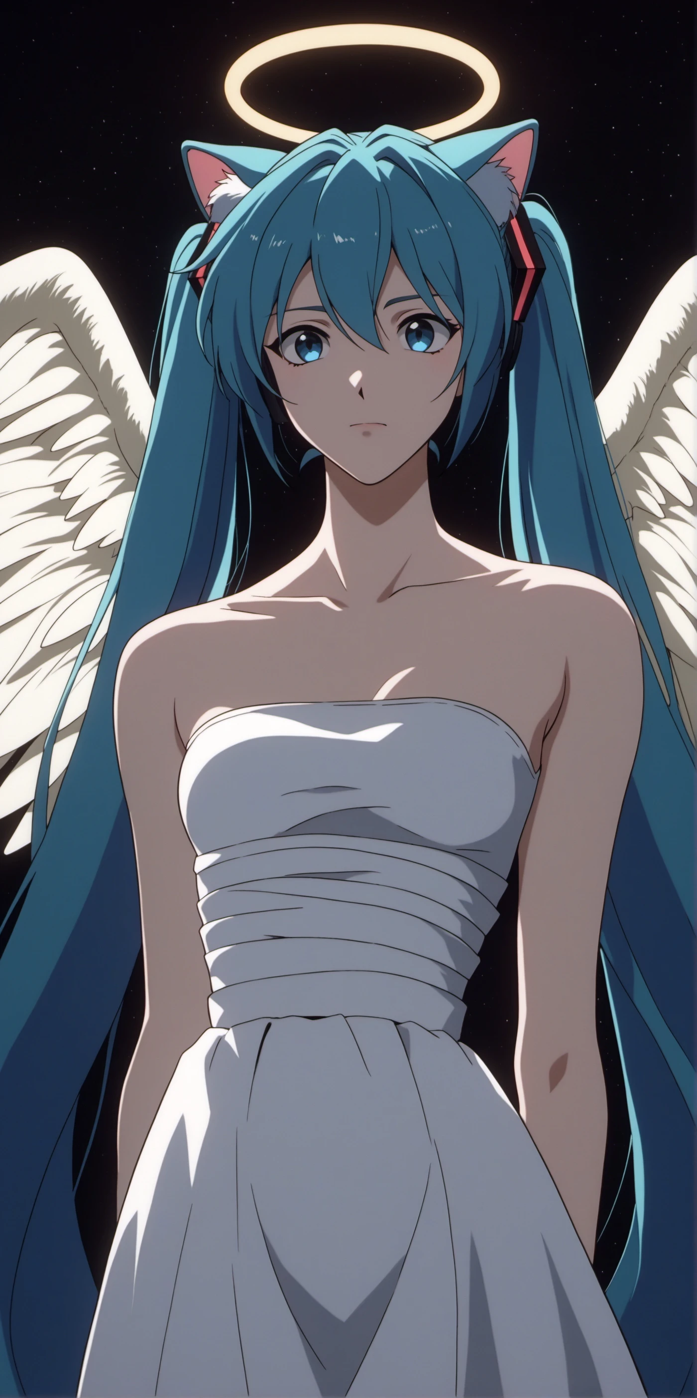 (Anime coloring, Captura de pantalla de anime, GHIBLI, mapa, Anime style), 1girl, Hatsune Miku, bata blanca, angel, angel wings, Halo dorado, fondo oscuro, Parte superior del cuerpo, (boca cerrada:1.2), Mirando al espectador, arms behind back, Tema azul, Estrellas, Noche estrellada, sin ropa, semen, vagina detalle sin ropa, sin ropa interior, con pene en la vagina