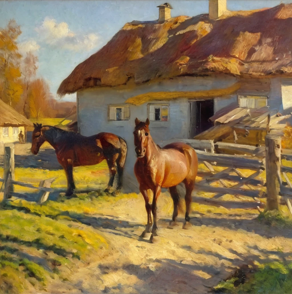 agierymski horse in the background of the cottage, sunny day<lora:agierymski:1>