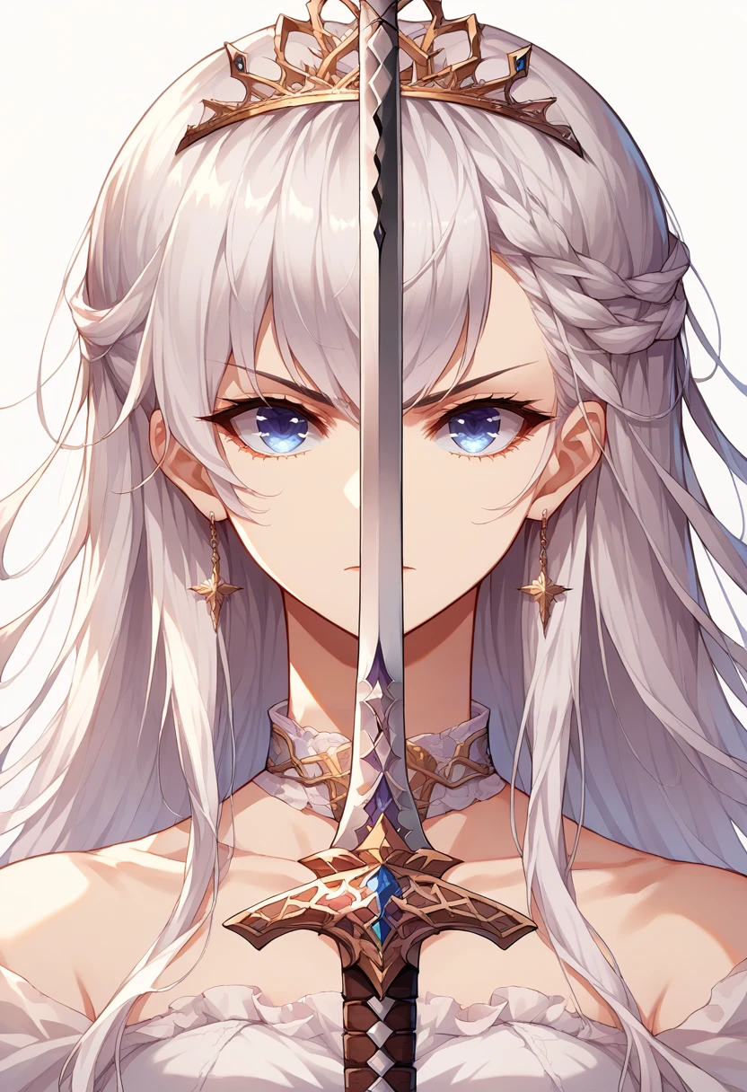 score_9, score_8_up, score_7_up, source_anime, <lora:wrenchbelfastthepledgeofcladdagh:0.9>, belpoc, white hair, choker, tiara, broken chain, jewelry, earrings, solo, white background, 
 <lora:swordup-pose-richy-v1_pdxl:1.0>, swordup, looking at viewer, close-up, sword,