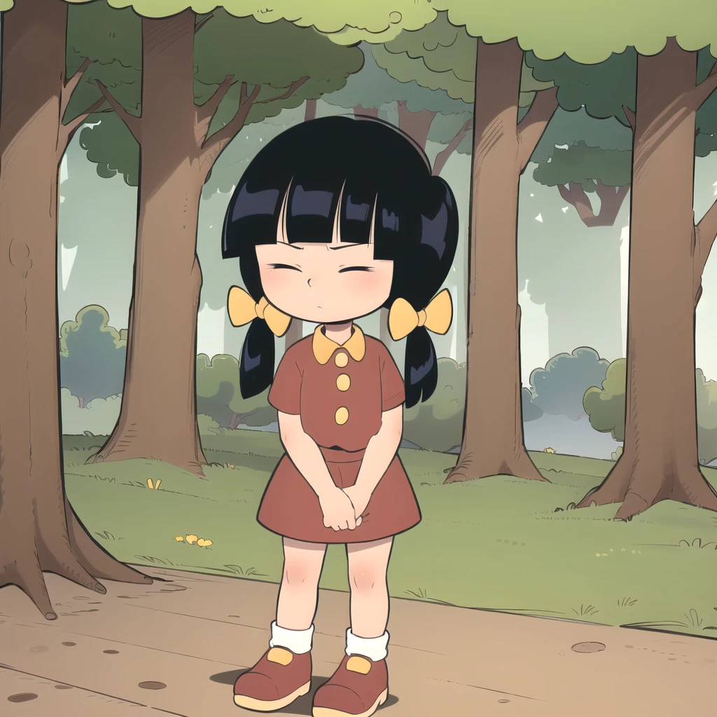 1girl, solo, Chen, black hair,  twintails, hair bow, red shirt, yellow shirt collar, untucked shirt , red skirt, stealth skirt, short sleeves, closed eyes, <lora:Chen_Cedric_Leaf2:0.8>, full body, forest