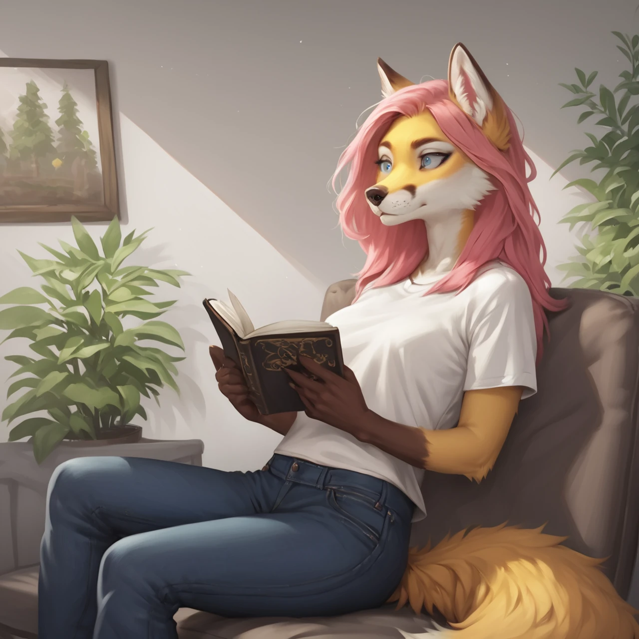 <lora:Levelviolet_Style_PonyXL:0.8>, levelviolet, by levelviolet, countershading, detailed fur, traditional media \(artwork\), painting \(artwork\), photorealistic fur,  score_9_up, score_8_up, score_7_up, score_6_up, score_5_up, score_4_up, source_furry, source_cartoon, rating_safe, 5 fingers, anthro, breasts, clothed, clothing, female, plant, clothed, shirt, jeans,  solo, canid, canine, fox, mammal, detailed background,  detailed, pink hair, green eyes, yellow body, sitting, reading,