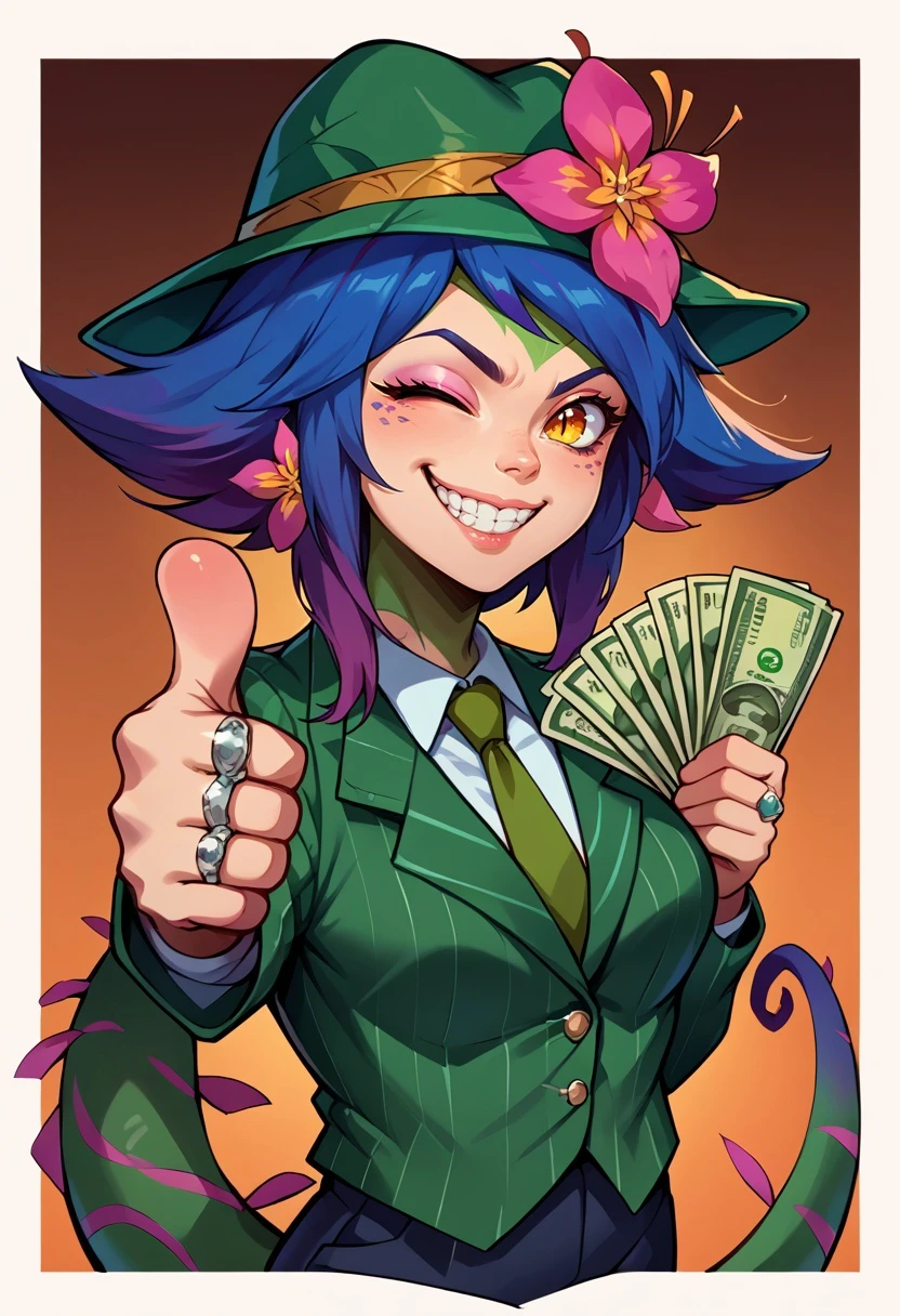 score_9, score_8_up,score_7_up,score_6_up, source_anime,
BREAK
n33ko,
colored skin,green skin,hair ornament,hair flower,multicolored hair,lizard tail, medium breasts,
gangstersb, thumbs up, one eye closed, grin, smile, money, holding money, portrait, cropped torso, ring, formal, hat, green headwear, necktie, suit, striped, looking at viewer
<lora:Neeko_potat-v5:1> <lora:gangstersb-guy-PONYv1:0.8>