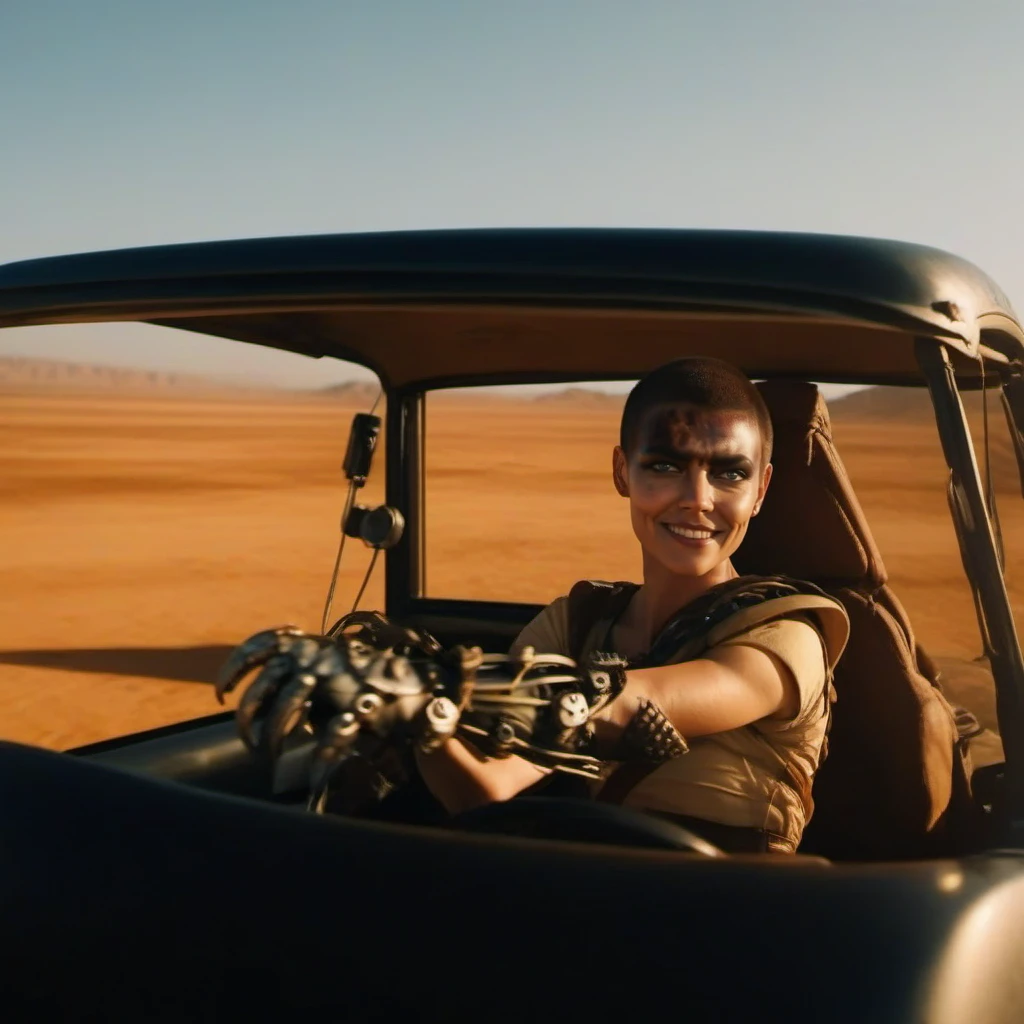 cinematic photo a woman with short hair , single mechanical arm,  smiles and drives in the desert <lora:Furiosa1024:0.9> . 35mm photograph, film, bokeh, professional, 4k, highly detailed