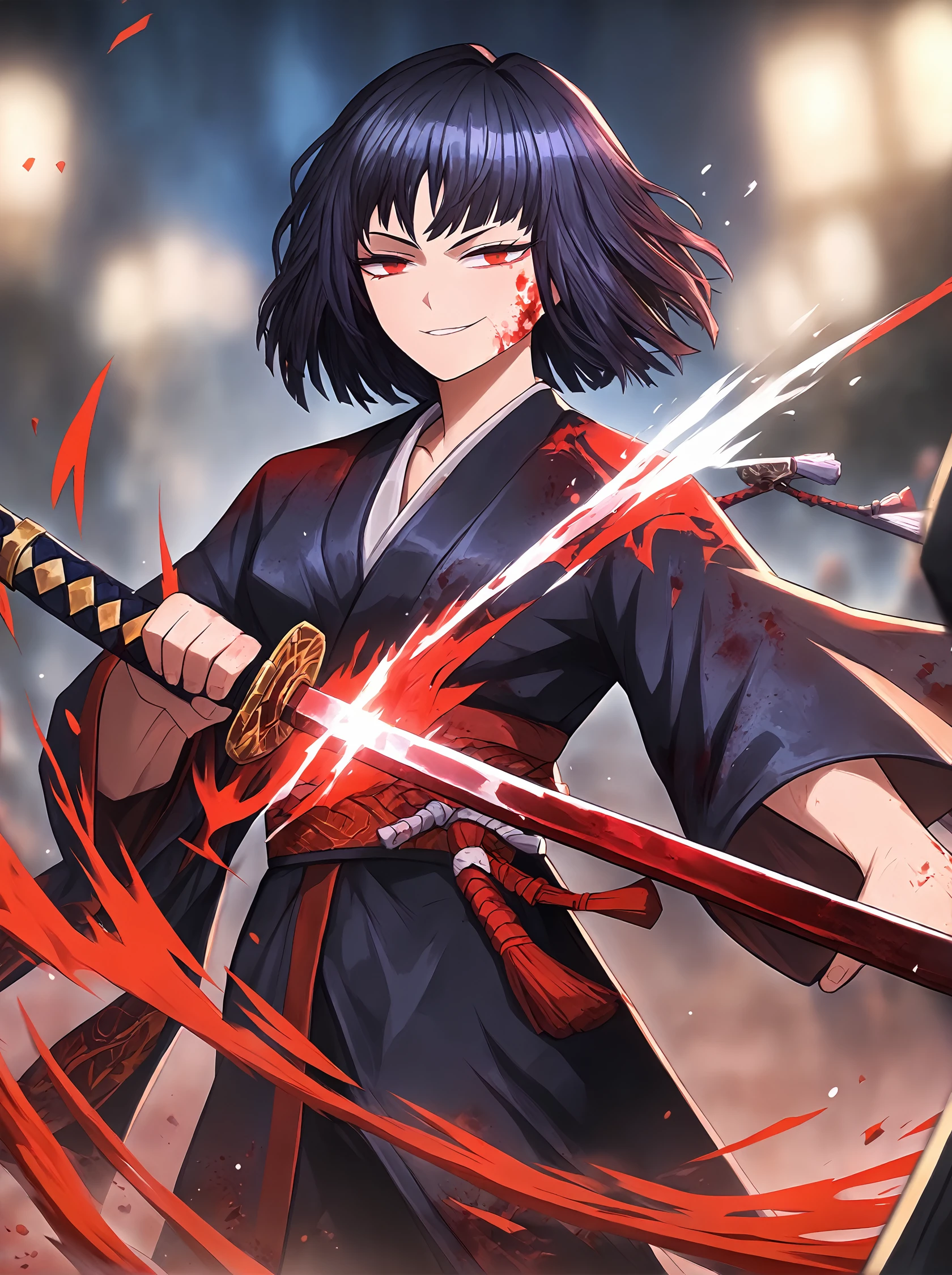 score_9,
<lora:limbus_company_v1_pruned:1>, 
1girl, black hair, medium hair, smug, red eyes, 
katana, holding katana, slashing, blood, blurry background, blood splash, black kimono, 
multiple others, 
dark background, night, black, dark,
high resolution, Masterpiece, detailed