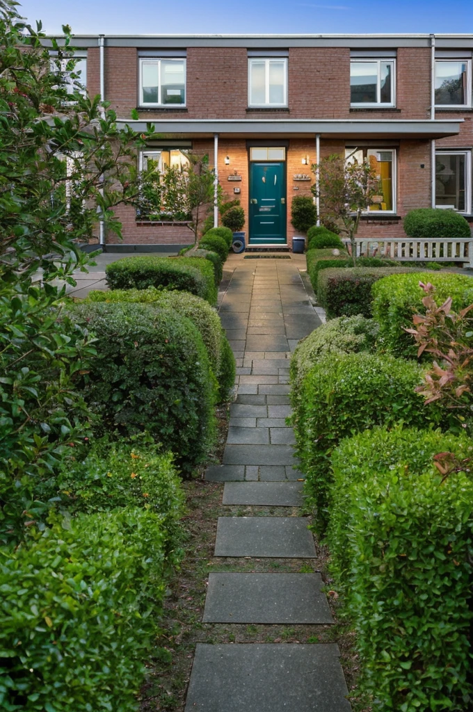 <lora:Grienden_Style_Revisited:0.7>, griendenstyle, front door, red brick house,  footpath, shrubbery, evening,  masterpiece, dslr photo