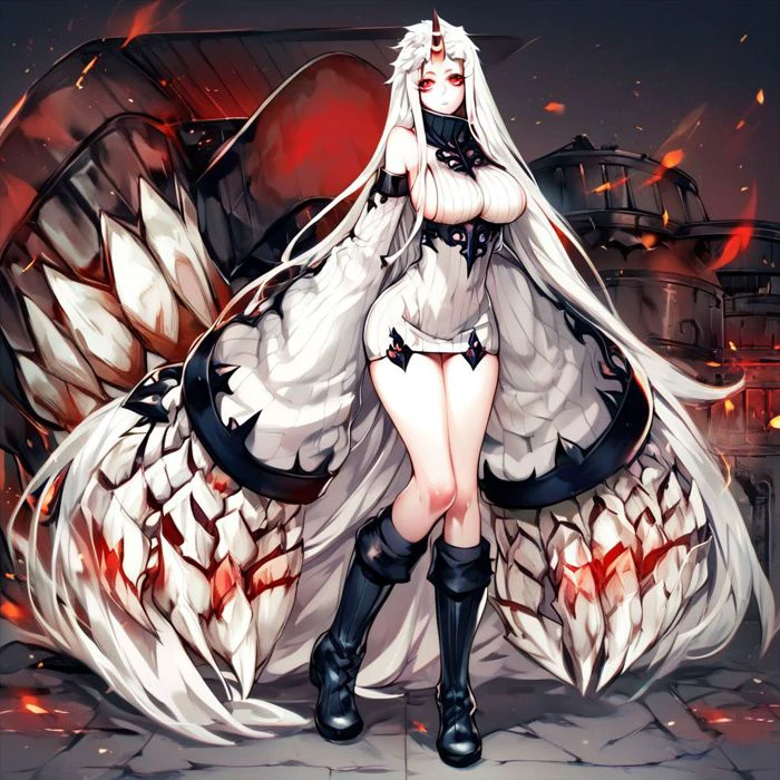 score_9, score_8_up, score_7_up, HarbourWaterDemon, seaportprincess, Harbour_Water_Demon, seaport_princess, 1girl, solo, long hair, breasts, looking at viewer, large breasts, red eyes, dress, bare shoulders, very long hair, standing, full body, white hair, thighs, boots, detached sleeves, horns, sweater, colored skin, short dress, knee boots, pale skin, claws, single horn, abyssal ship, ribbed sweater, white skin, sweater dress, ribbed dress, seaport princess