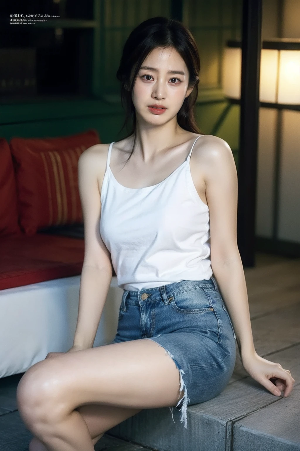 (realistic), (hyperrealism),best quality, masterpiece,ultra high res, (photorealistic:1.4),1girl,(looking at viewer:1.2),1girl, solo, realistic, looking at viewer, parted lips, short jeans, tanktop,
, <lora:makina69_kimtaehee_v1.0:1>