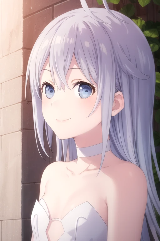 ((masterpiece)),(best quality),official art,extremely delicate and beautiful,extremely detailed CG,unity 8k wallpaper,ultra detailed,beautiful detailed eyes,extremely detailed face,outdoors,1girl,solo,upper body,(portrait:1.5),looking at viewer,facing viewer,smile,Hibiki Higoromo,ahoge,very long hair,grey hair,sidelocks,hair between eyes,bangs,blue eyes,bare shoulders,collarbone,white choker,white dress,strapless dress,white ribbon,clothing cutout,cleavage,small breasts,white footwear,<lora:Hibiki Higoromo(dal)>,<lora:TSNeptunia-000045:0.5>,
