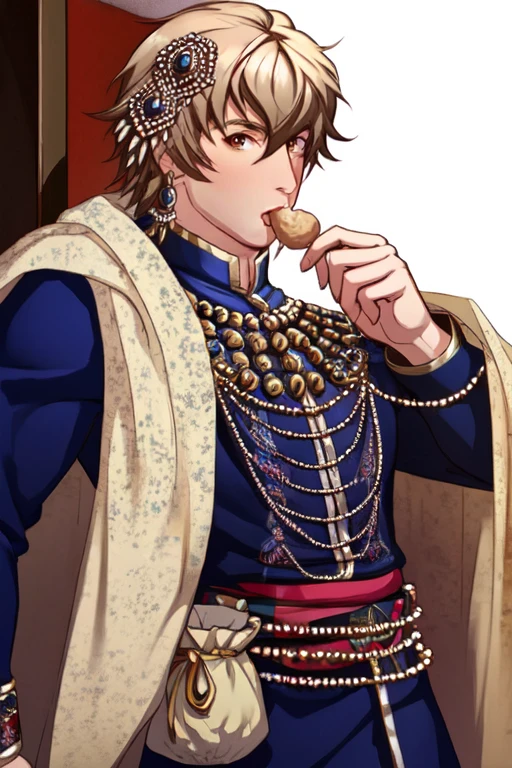 (masterpiece),(best_quality),1boy,bara,long sleeves,Kangiten,shawl,sherwani,jewelry,hair ornament,pouch bag,belt,eating dumpling,<lora:Kangiten:1>,