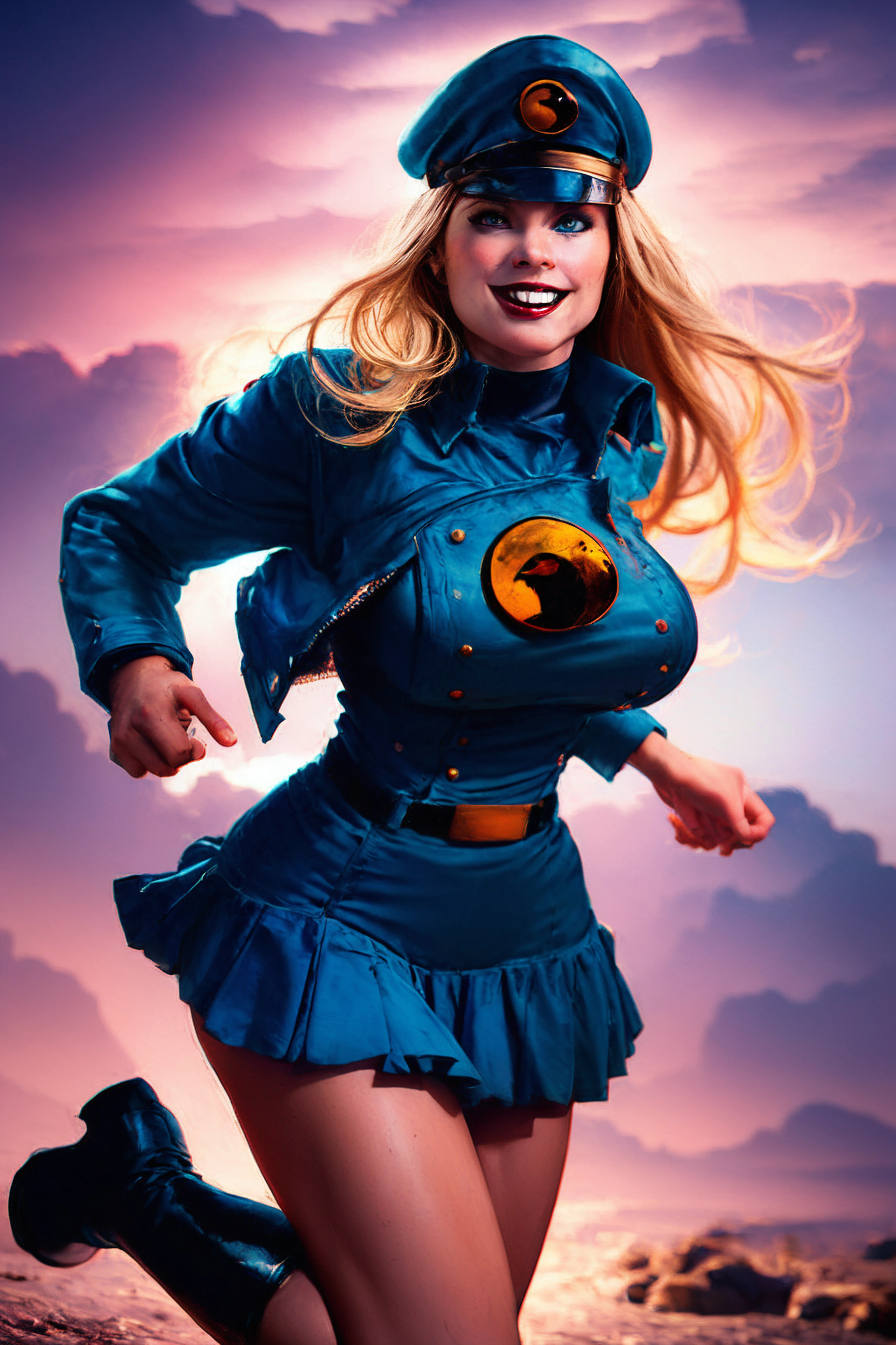 score_9, score_8_up, score_7_up, 8k, very detailed, high detailed texture, depth of field, golden hour, cinematic illumination, volumetric lighting, 1girl, beautiful middle-aged woman, smiling, looking at viewer, curvy, big breasts, big ass, lustful eyes, seductive smile, running over an airfield <lora:AIPansen_Lady_Blackhawk-000005:1>1girl, hat, blonde hair, skirt, long hair, boots, blue eyes, symbol, uniform, lipstick, makeup, black footwear, jacket, breasts, <lora:R3DStyle:0.8> r3dstyle