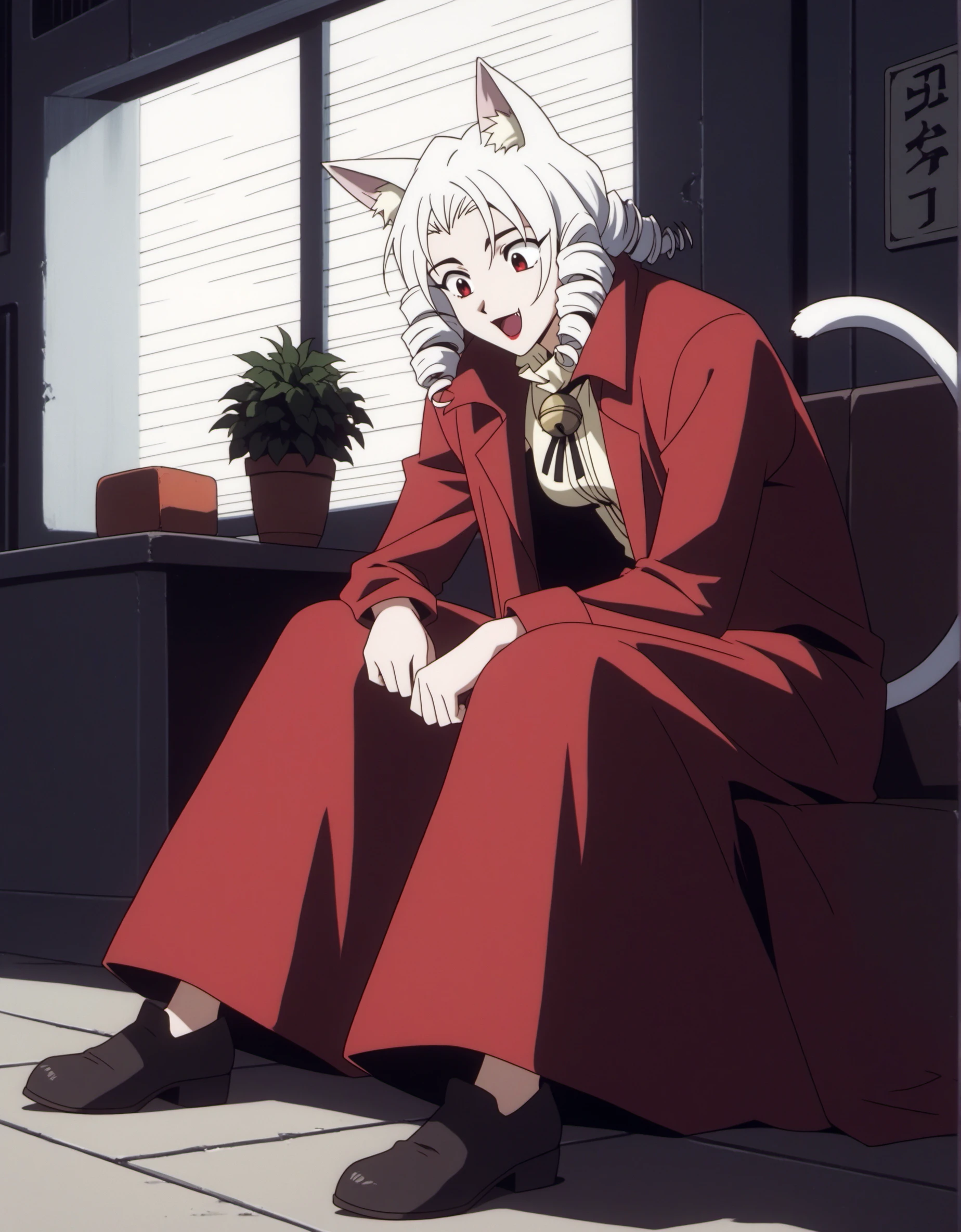 CZWBZP, (score_9, score_8_up, score_7_up, score_6_up, source_anime:0.7), 1girl, catgirl, red eyes, excited, ringlets, white hair, long coat, long skirt, neck ruff, shorts, seat, underground water cistern, limited freshwater, dimly lit tunnels, cautious whispers, white animal ear fluff