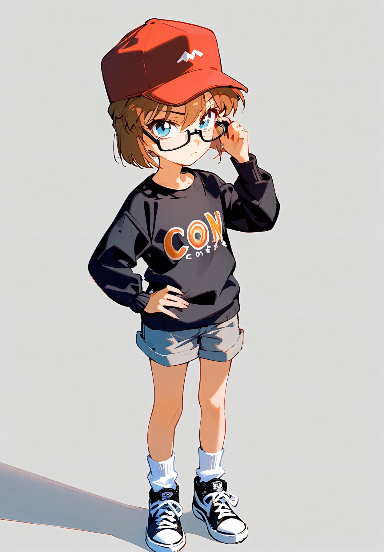 1girl, 
haibara ai, meitantei conan, 
frown, simple background, standing, looking at viewer, socks, white socks, blue eyes, red headwear, hair between eyes, white sweater, closed mouth, baseball cap, shirt, over-rim eyewear, black footwear, grey shorts, brown hair, shoes, black-framed eyewear, sweater, semi-rimless eyewear, hat, glasses, full body, black shirt, child, adjusting eyewear, grey background, shorts, solo, sneakers, long sleeves, 
masterpiece, newest, absurdres, safe
 <lora:2080ti_ag31_haibara_ai-000011:1> <lora:a31_style_koni:1>