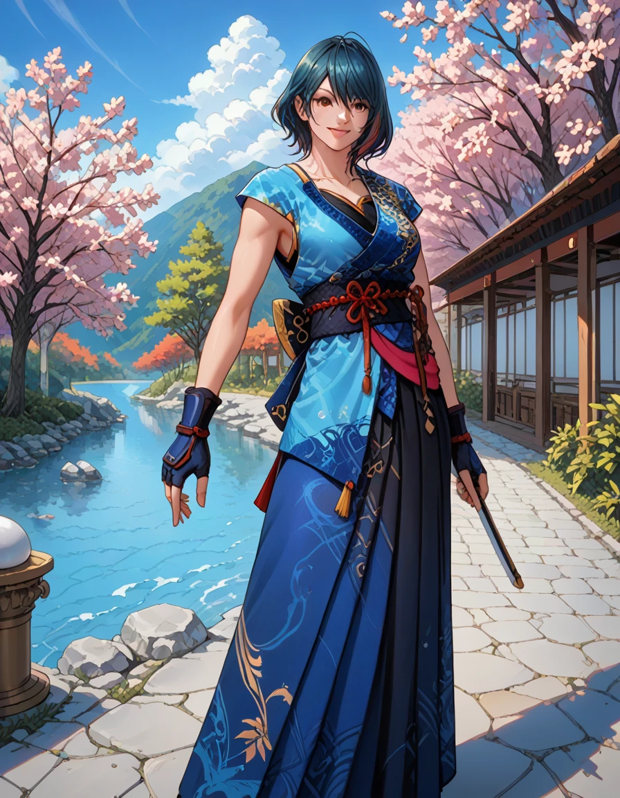 score_9, score_8_up, score_7_up, best quality, masterpiece, source_anime,  BREAK
in japanese garden, 1girl, tamaki, multicolored hair, short hair,  tamakiwildwind,  tamakidefault, japanese clothes , hakama, tabi, gloves
, <lora:add-detail-xl:1>  <lora:tamaki:1>, smile, happy, <lora:add-detail-xl:1> <lora:detail_eyes:0.5>, hair toss, tossing hair back, creating a dramatic and enticing effect