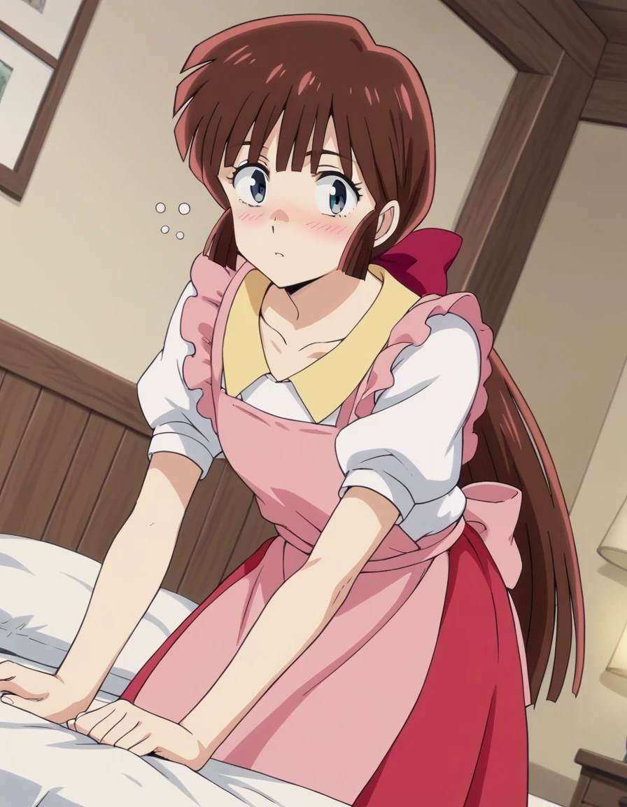 score_9, score_8_up, score_7_up, source_anime,
uruseinagisa, <lora:urusei-nagisa-s2-ponyxl-lora-nochekaiser:1>,
nagisa, long hair, bangs, brown hair, bow, ponytail, hair bow, blue eyes, otoko no ko,
short sleeves, apron, puffy sleeves, skirt, red skirt, shirt, white shirt, collarbone,
indoors, bed, bed room, on side, blush, drunk,
looking at viewer, solo, cowboy shot, dutch angle,