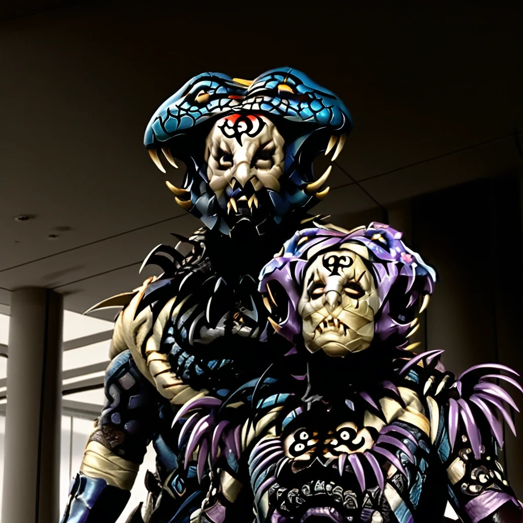 demonrace, tattoo, fangs, bandaged head, mask, horns, flower, upper body, sharp fingernails, 1boy, carapace, boots, short hair, shoulder armor, medusa, pauldrons, indoors