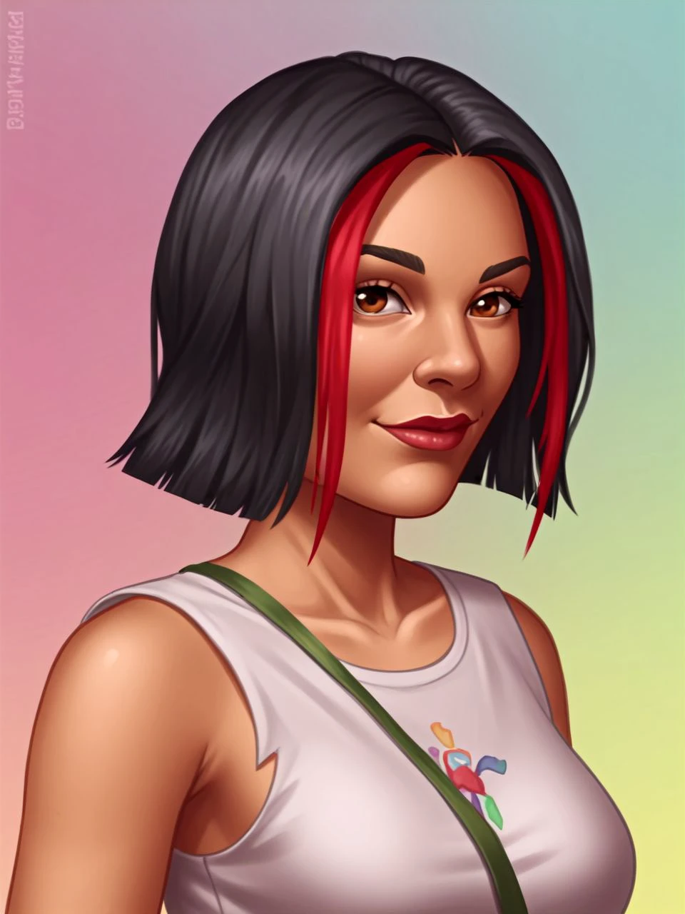 score_9,score_8_up,score_7_up,score_6_up, BREAK
tan-skinned female, black hair, red highlights, brown eyes, lipstick
white sleeveless torn graphic shirt, (strapless shirt:1.1)
seated pose, (upper body:1.1), warm slight smile, closed mouth, looking at viewer, (arms to side:1.1)
(portrait studio, colorful abstract background, textured portrait backdrop:1.1)
<lora:mindyTHPS_PDXL:1> mindythps