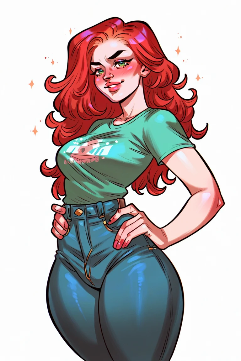 <lora:Stroke Render:1>, score_9, score_8_up, score_7_up, score_6_up, score_5_up, rating_questionable, source cartoon
1girl, pretty face, pretty eyes, detailed eyes, HD eyes, thick thighs
hands on hips, standing, cowboy shot
looking at viewer, blush, eyebrows, long hair, red hair, green eyes jeans, green t-shirt, boots, high waisted jeans
simple background, white background