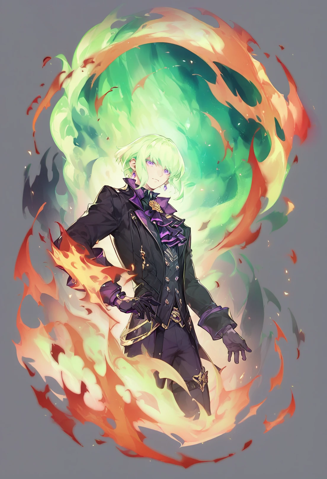 grey background, score_9, score_8_up, score_7_up, score_6_up, <lora:GachaMihoyoXL_P6_lokr_V4239:0.95> 1boy, male focus, gloves, solo, lio fotia, purple eyes, green hair, black gloves, jacket, half gloves, black jacket, ascot, earrings, jewelry, looking at viewer, fire