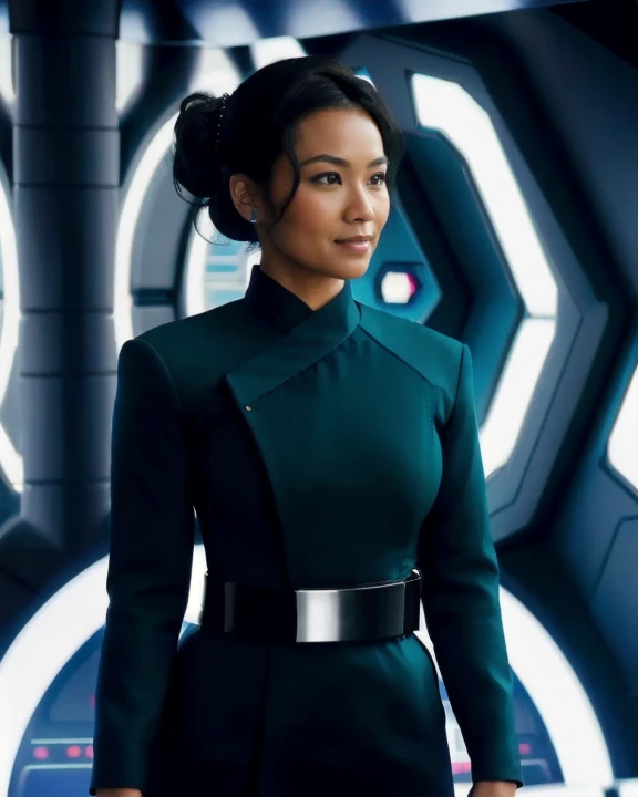 <lora:tealfirstorderuniform_lora:0.8> portrait of a woman, female, asian, stunningly beautiful, black updo hair, tealfouniform, female fit, teal wrap tunic with collar, long sleeves, leather belt with plain silver buckle, jodhpur breeches, front view, medium shot, dark sci-fi starship interior background, star wars