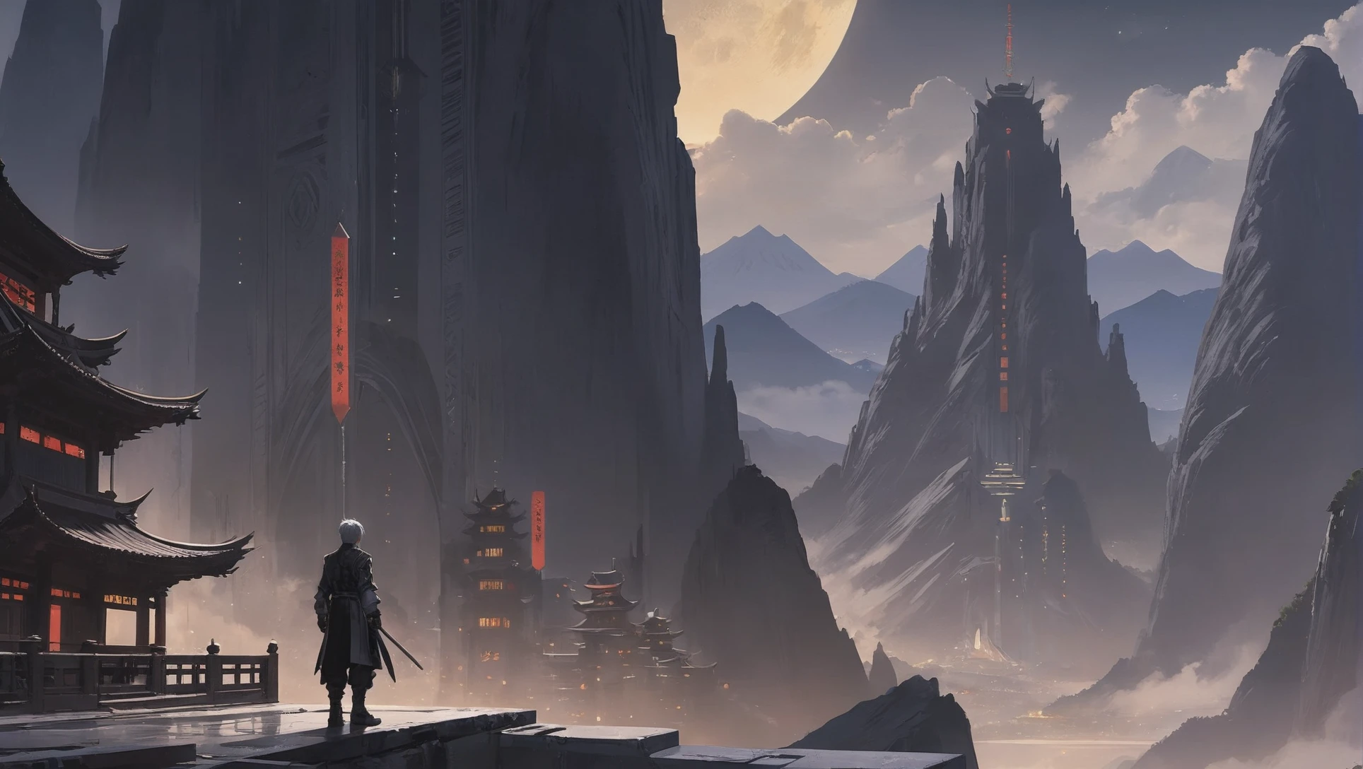 art deco scifi city, (full body:1.2), 1boy, man, bishounen, solo, [:epic costume design,:0.2] paladin, chinese, gray hair, (slim:1) build, noon, scenery, in a Lunar Mountain Ranges<lora:EnvyStarlightDieselpunk01:1:hr=0>