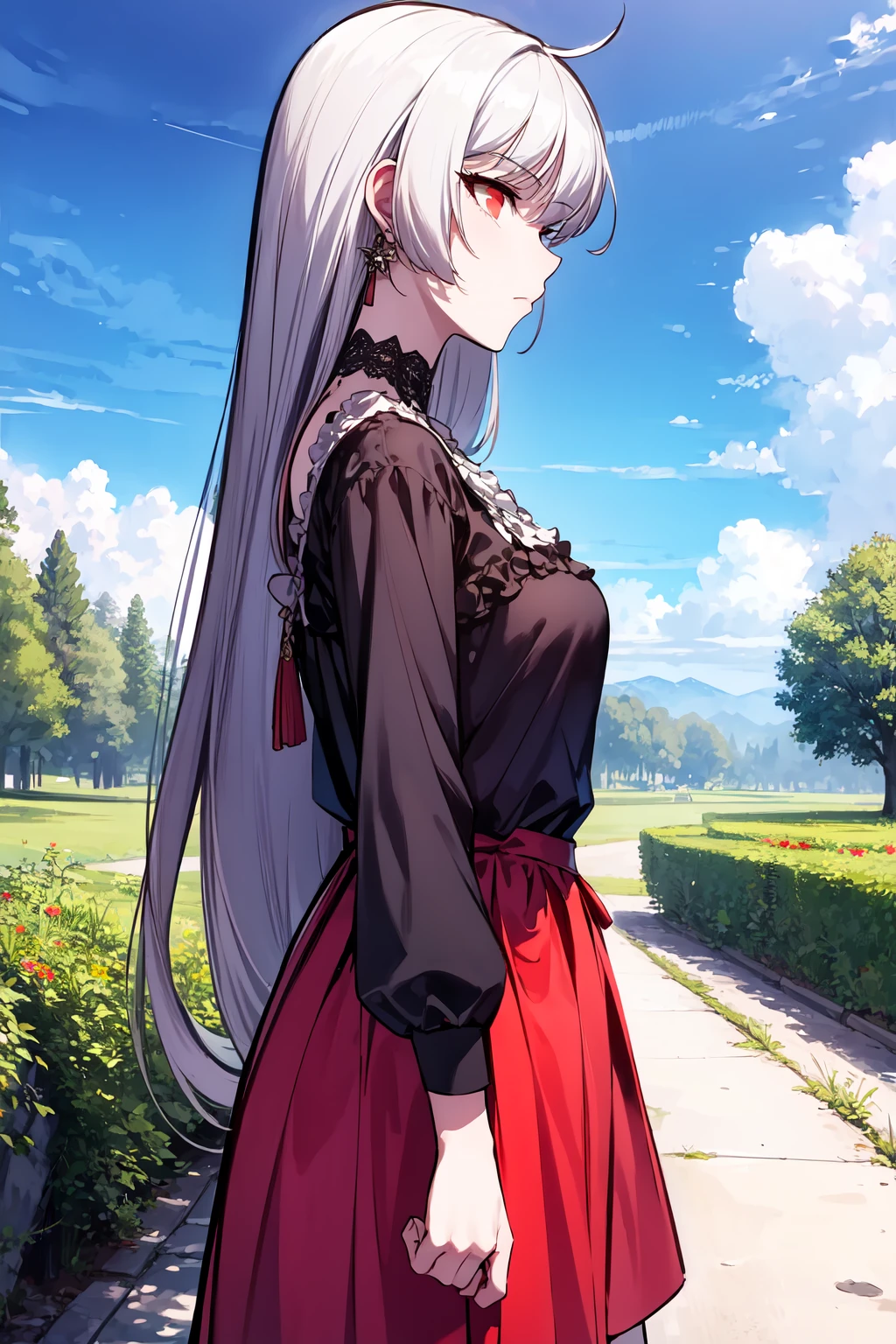 masterpiece, high quality, <lora:Alice_Human:1> 1girl, solo, THG-Alice, long hair, white hair, red eyes, black shirt, outdoors, walking, from side, cowboy shot