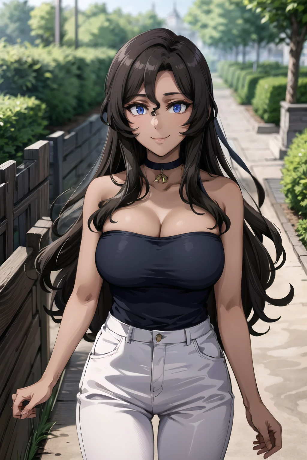 1girl, (masterpiece), (high resolution), (8K), (extremely detailed), (4k), (pixiv), perfect face, nice eyes and face, (best quality), (super detailed), detailed face and eyes, (solo), textured skin, absurdres, highres, <lora:more_details:0.3>, <lora:sd_v15_dpo_lora_v1:1>,  <lora:whitcher_viola:0.8>, violawz,  dark skin, choker, long hair, blue eyes, brown hair, large breasts cleavage, (black tan top:1.1), bare shoulders, white pants, earth \(ornament\), farm, outdoors, pov, cowboy shot, looking at viewer, smile