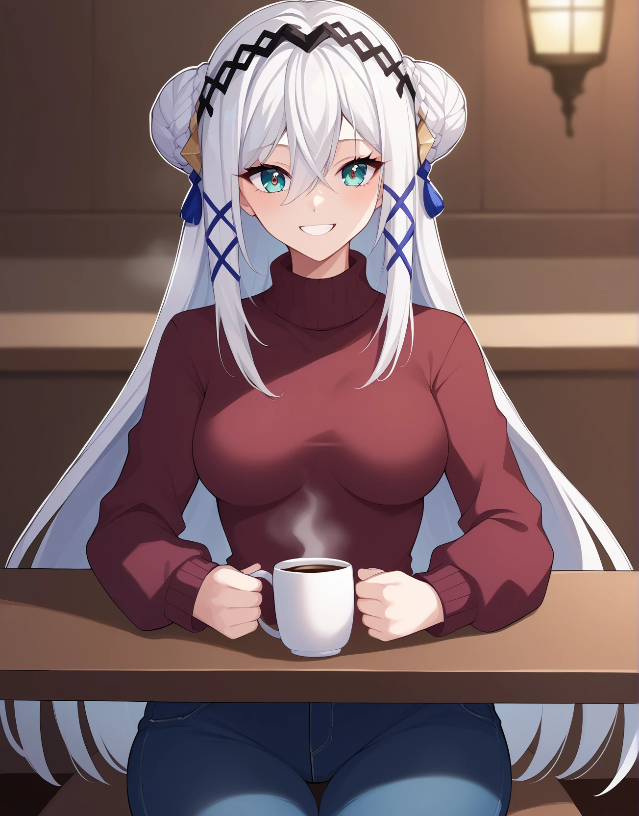score_9, score_8_up, score_7_up, score_6_up, score_5_up, score_4_up, source_anime, (best quality, ultra detailed, absurdres, masterpiece:1.2), (ai-generated:0.6), color, (white outline:1.3), indoors, sitting, table, coffee mug, steam, <lora:victoriabrightshieldPonyXL:1>
BREAK
victoriabrihgtshield, 1girl, long hair, bangs, hair between eyes, medium breasts, very long hair, aqua eyes, white hair, hairband, long sleeves, sweater, jeans, sneakers, hair bun, double bun, smile,