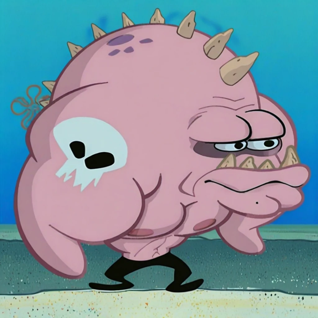 score_9, score_8_up, score_7_up, score_6_up, score_5_up BREAK Hate fish, muscular male, solo, 1boy, anthro, pink skin, tusks, yellow teeth, closed mouth, hunchback, spikes on back, thick arms, skull tattoo on arm, shirtless, black pants BREAK hands on hip