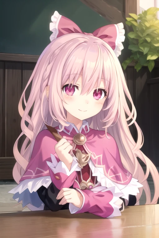 ((masterpiece)),(best quality),official art,extremely delicate and beautiful,extremely detailed CG,unity 8k wallpaper,ultra detailed,beautiful detailed eyes,extremely detailed face,outdoors,1girl,solo,upper body,(portrait:1.5),looking at viewer,facing viewer,smile,(petite:1.2),Rio Sonogami,very long hair,pink hair,single braid,hair bow,red bow,hair ribbon,sidelocks,long hair between eyes,bangs,pink eyes,pink capelet,red dress,jewelry,long sleeves,flat chest,frills,black pantyhose,pink footwear,<lora:Rio Sonogami(dal):0.6>,<lora:TSNeptunia-000045:0.5>,