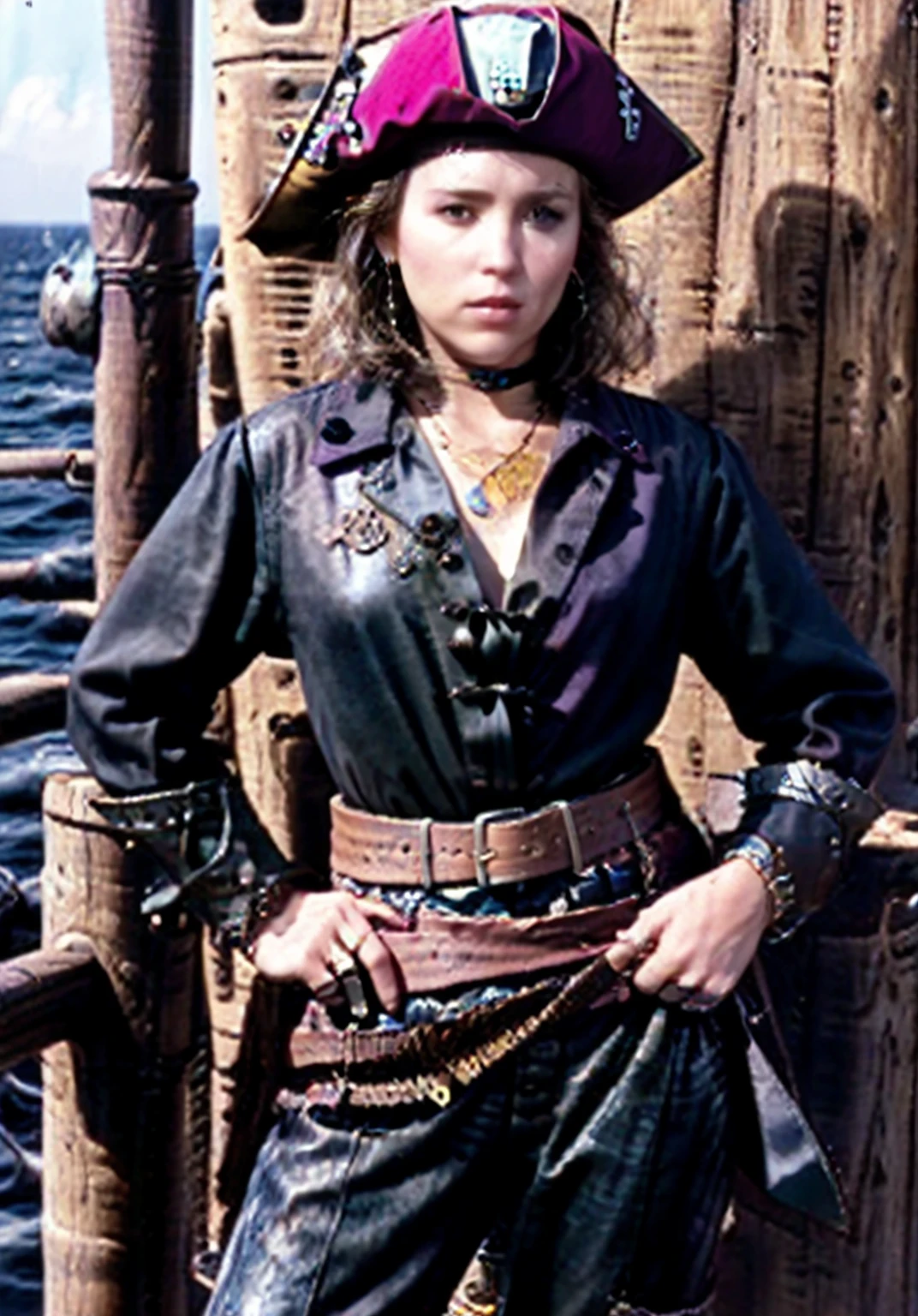 alimoore123 Woman 21YO as pirate, pirate suit, (pirate hat:1.2), (black 16th century shirt:1.4), (pirate jacket:1.3), (leather pirate pants:1.2), pirate boots, colorful scarves, worn leather clothing, skull accessories, blonde hair, holding weapon, a sailing ship, Accessories like gold hoops, earrings, moonlight lending air of mystery and danger, Cannons lining sides of ship, barrels of rum scattered across deck, revealing ragged sails and tattered flags, model pose, cowboy shot, 32k UHD resolution, professional photography, best quality, looking at viewer, highly detailed, <lora:breastsizeslideroffset:-0.6>, <lora:alimoore123:1>,