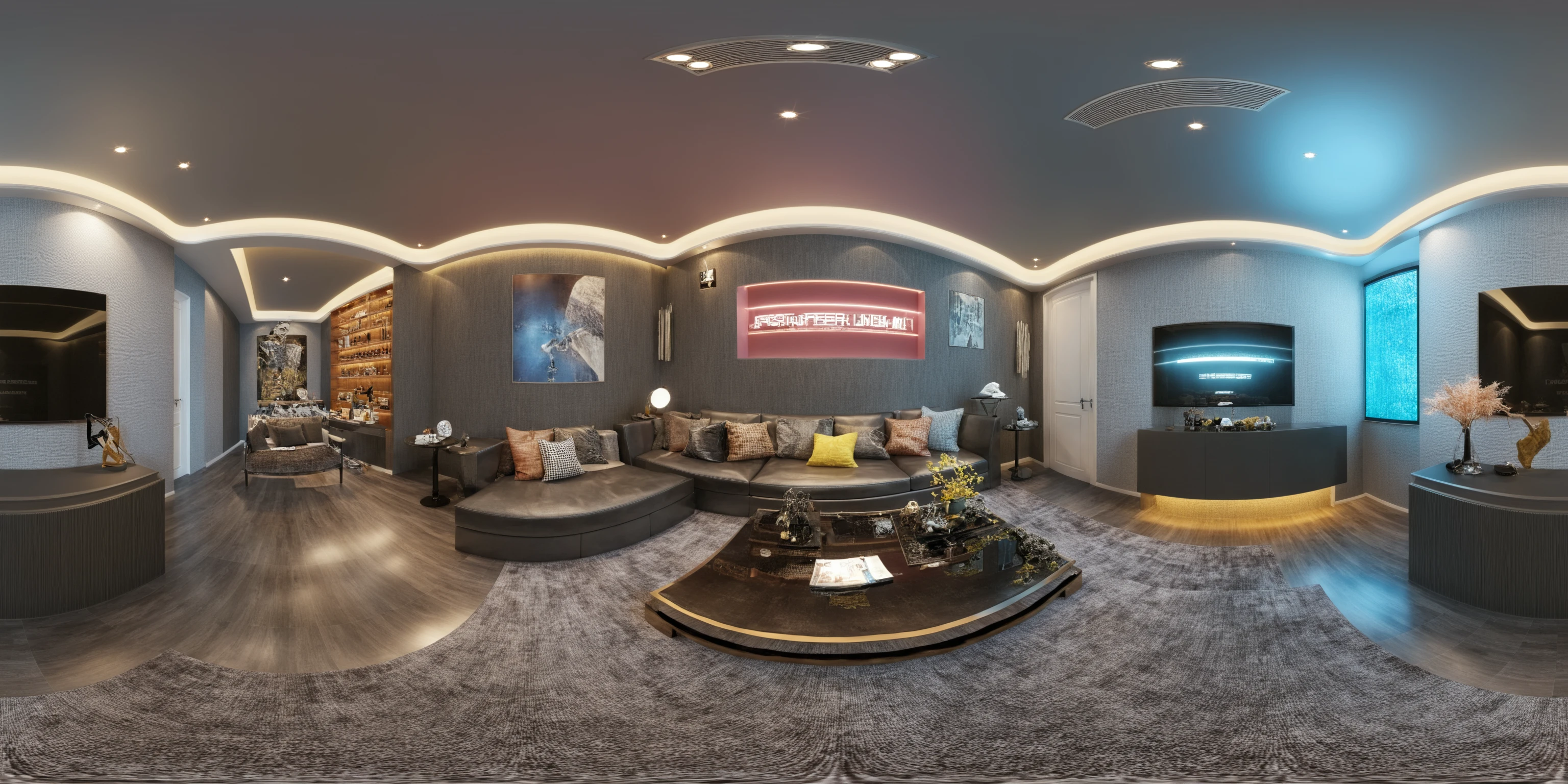 Neon noir <lora:JJsPanoramicLivingroom_XL:1>, ((Panoramic)), ((livingroom)), ((masterpiece)), ((best quality)), realistic, high detailed, (indoors) , no human, window, curtain, table, rug, sofa, television, ceiling light, (modern), . Cyberpunk, dark, rainy streets, neon signs, high contrast, low light, vibrant, highly detailed