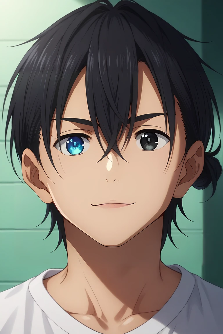 score_9, score_8_up, score_7_up, source_anime, rating_safe, intricate details, (realistic:0.6), looking at viewer, , 1boy, solo, male focus, <lora:shinpei_ajiro_pony:0.82>, shinpei_ajiro, black hair, black eyes, short hair, hair between eyes, bangs, hair bun, heterochromia, blue eyes, from below, apartment, day, pointing, naughty smile, , <lora:sdxl_lightning_8step_lora:1>