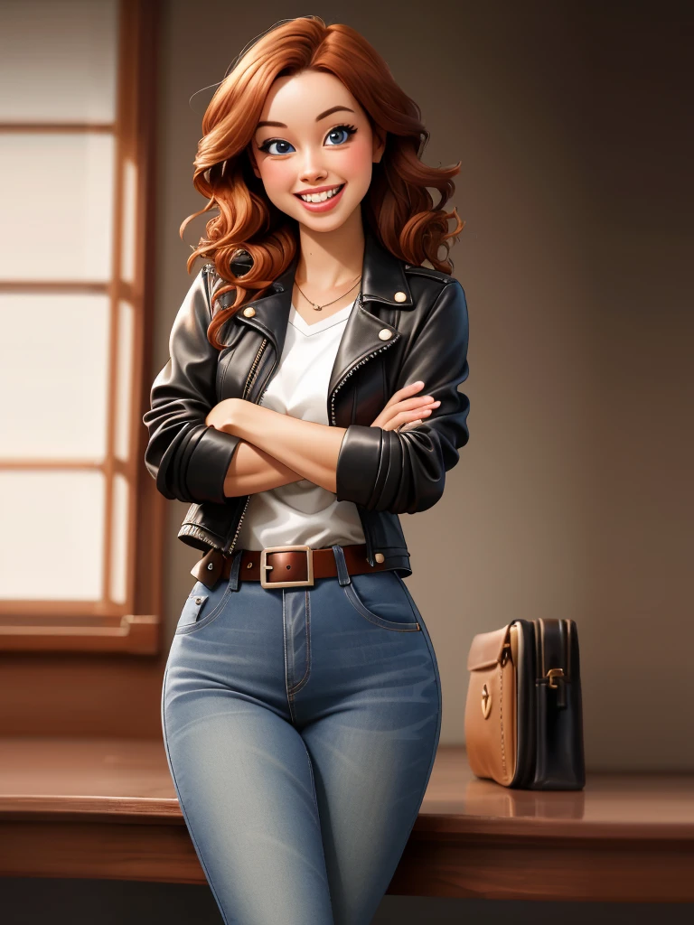 Realistic photo of a beautiful l1ndyb woman, 1girl, solo, long hair, looking at viewer, smile, blue eyes, brown hair, shirt, jacket, teeth, belt, pants, grin, crossed arms, denim, curly hair, jeans, realistic, leather, leather jacket, soft lighting, professional Photography, Photorealistic, detailed, RAW, analog, sharp focus, 8k, HD, DSLR, high quality, Fujifilm XT3, film grain, award winning, masterpiece<lora:l1ndyb:1.0>