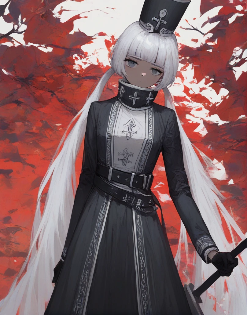 (score_9, score_8_up:1.1), score_7_up, masterpiece, <lora:Charon_Limbus_Model:1>, CharonLimbus, 1girl, solo, long hair, looking at viewer, bangs, white hair, simple background, gloves, long sleeves, hat, white background, dress, twintails, very long hair, standing, black gloves, belt, blunt bangs, black dress, grey eyes, black headwear, cross