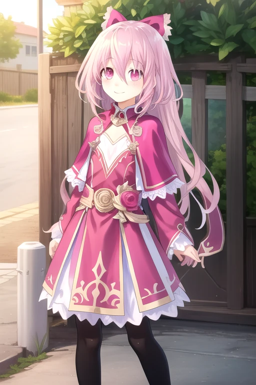 ((masterpiece)),(best quality),official art,extremely delicate and beautiful,extremely detailed CG,unity 8k wallpaper,ultra detailed,beautiful detailed eyes,extremely detailed face,outdoors,1girl,solo,cowboy shot,looking at viewer,facing viewer,smile,(petite:1.2),(very long hair),pink hair,single braid,hair bow,red bow,hair ribbon,sidelocks,long hair between eyes,bangs,pink eyes,pink capelet,red dress,jewelry,long sleeves,flat chest,frills,black pantyhose,pink footwear,<lora:Rio Sonogami(dal):0.6>,<lora:TSNeptunia-000045:0.5>,