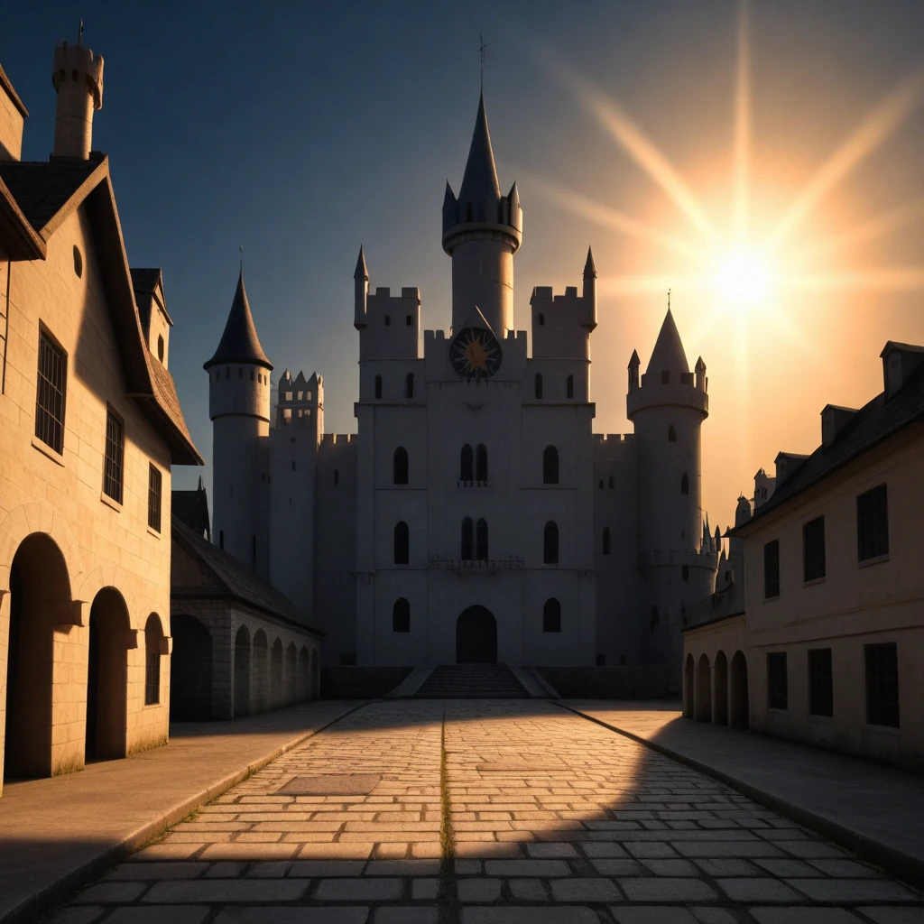 Ancient City at Twilight: An ancient city basked in the soft glow of twilight. The skyline is punctuated by (an imposing, yet elegant castle:1.45), its towers reaching towards the sky, bathed in the last rays of the sun. Cobblestone streets wind through the city, lined with old, charming houses, their windows twinkling with warm light, inviting a sense of historical wonder.