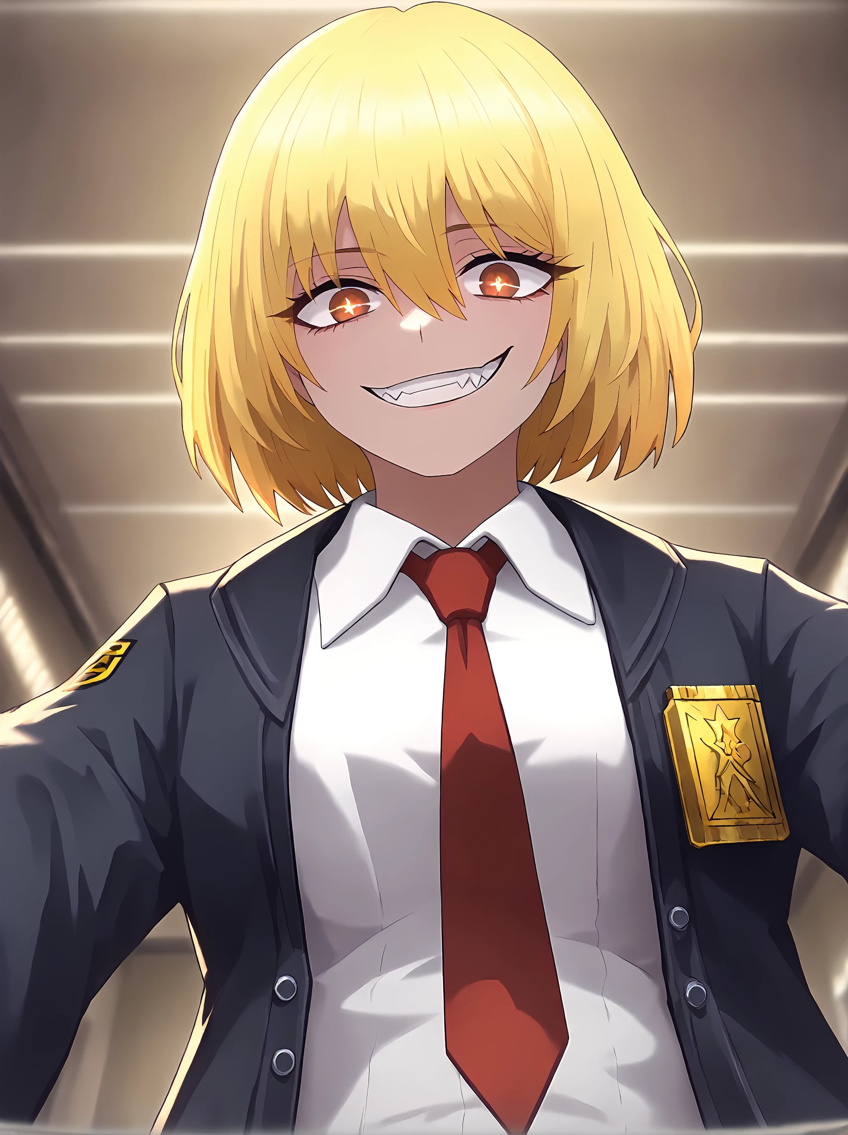 score_9,
<lora:limbus_company_v1_pruned:1>, 
1girl, medium hair, yellow hair, brown eyes, hair between eyes, bob cut, 
symbol-shaped pupils, 
<lora:gesugao_v1_pruned:0.8>, gesugao, evil grin, 
from below, 
white shirt, black jacket, red necktie, open jacket,
high resolution, Masterpiece, detailed