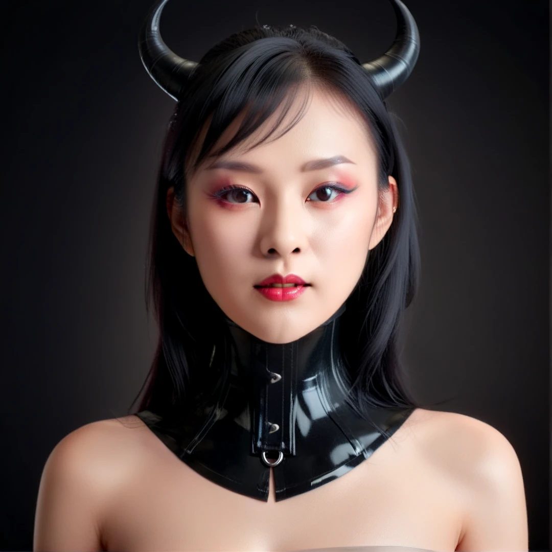 young asian succubus, horns, pale grey skin, <lora:NeckCorset:0.5> (wearing a neckcorset, n3ckcorset:1.2), black latex bra, Masterpiece;highly detailed; extreme,octane render, zbrush, blender, 3d,post-processing,HDR; lightning; volumetric; cinematic; ray tracing; RTX;radiant light rays,subsurface scattering,soft edge lighting,realistic shadows;vibrant colors,high-res, 8k,16k,32k,Playful shadows dance across her face,, <lora:add-detail-xl:2>