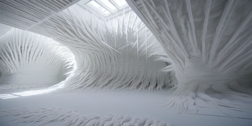 fluffx style structure , bio inspired architecture building made from white hair strands, indoors