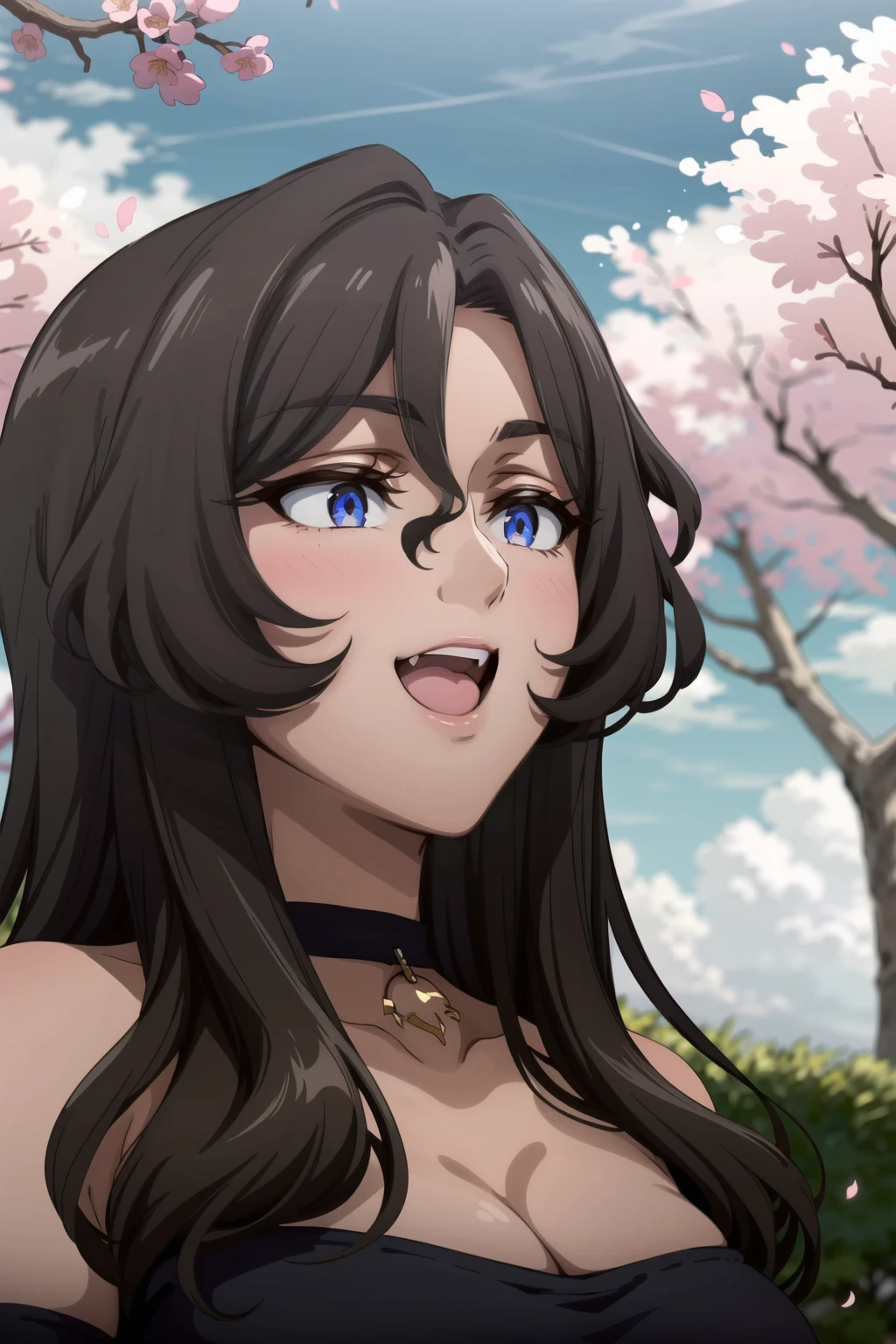 1girl, (masterpiece), (high resolution), (8K), (extremely detailed), (4k), (pixiv), perfect face, nice eyes and face, (best quality), (super detailed), detailed face and eyes, (solo), textured skin, absurdres, highres, <lora:more_details:0.3>, <lora:sd_v15_dpo_lora_v1:1>, <lora:whitcher_viola:0.8>, violawz, dark skin, choker, long hair, blue eyes, brown hair,large breasts, long dress, black dress, bare shoulders, cleavage, bridal gauntlets, outdoors, blue sky, happy, open mouth, fang, cherry blossoms, falling petals, looking_up